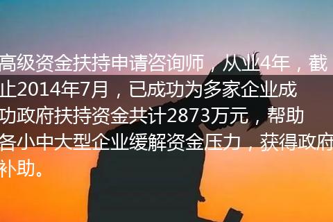 高级资金扶持申请咨询师，从业4年，截止2014年7月，已成功为多家企业成功政府扶持资金共计2873万元，帮助各小中大型企业缓解资金压力，获得政府补助。